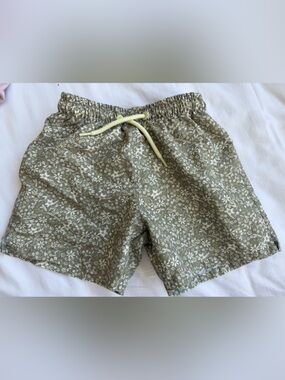 Kids Olive Green Floral Swim Trunks with Drawstring